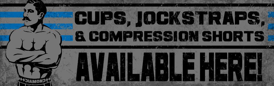 Combat sports gear advertisement banner showing cups, jockstraps, and compression shorts available for purchase with illustrated strongman graphic. Combat Sports Gear, Protective Equipment, Cups and Jockstraps, Compression Shorts, Martial Arts Equipment