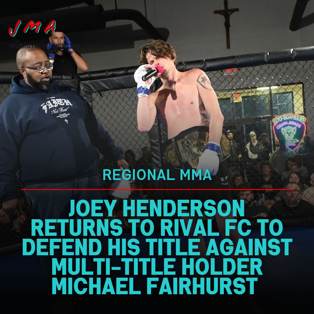 Rival FC champion Joey Henderson speaking inside the MMA cage while wearing his championship belt before a title defense against Michael Fairhurst.