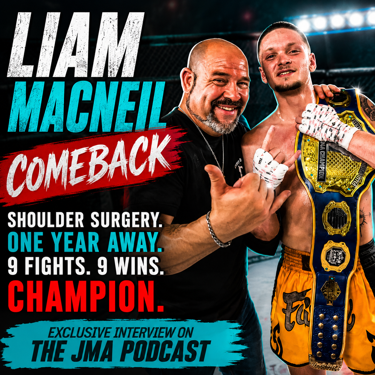 Liam MacNeil holding his championship belt beside his coach after returning from shoulder surgery and winning nine straight fights