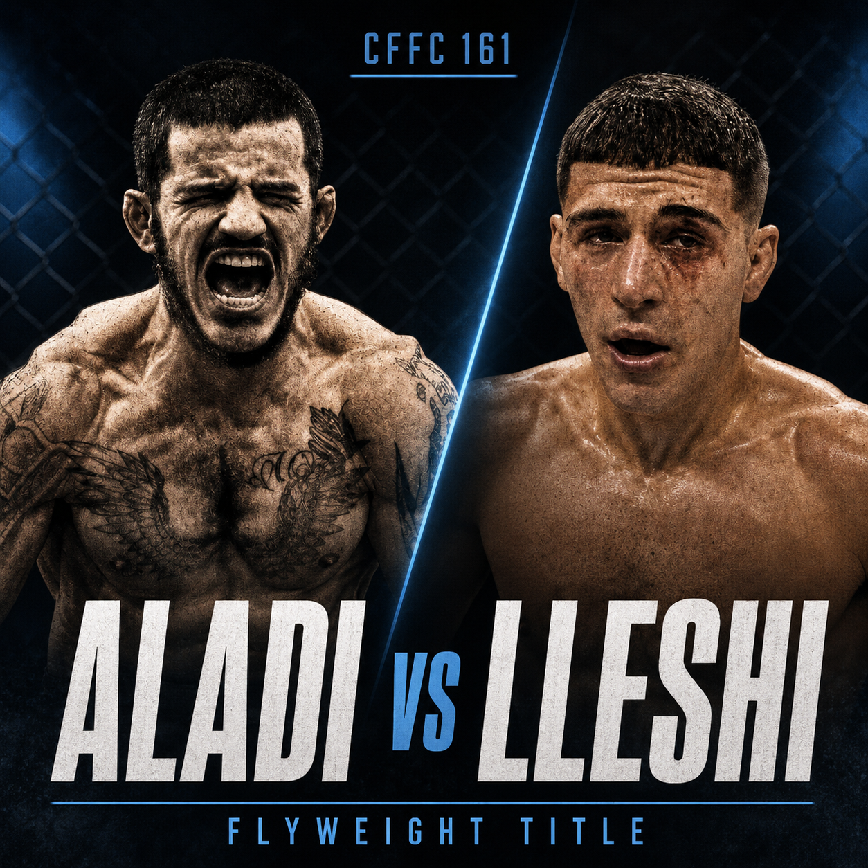 Moshe Aladi and Xhelal Lleshi featured in a CFFC 161 flyweight title fight preview graphic.