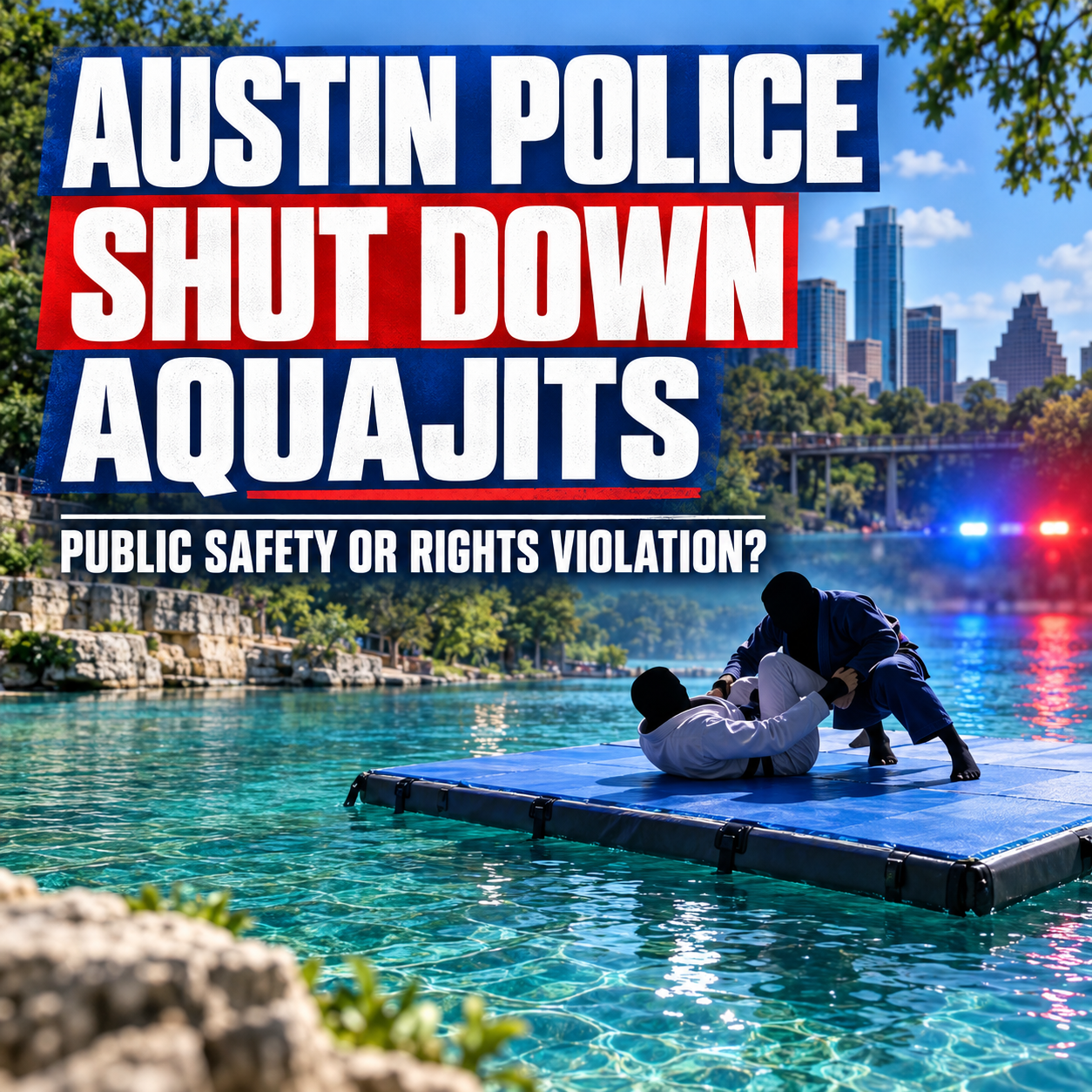 Editorial image of anonymous grapplers on a floating mat representing the Austin police shutdown of AquaJits near Barton Springs.