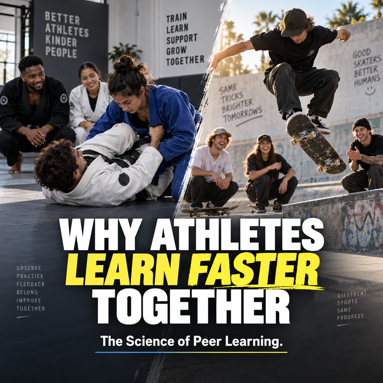 BJJ athletes and skateboarders training together to demonstrate peer learning, observational learning and motor skill development in sports.